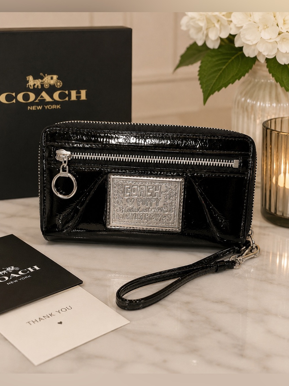 Coach Poppy Black Patent Zip-Around Accordion Wallet Wristlet 🖤✨